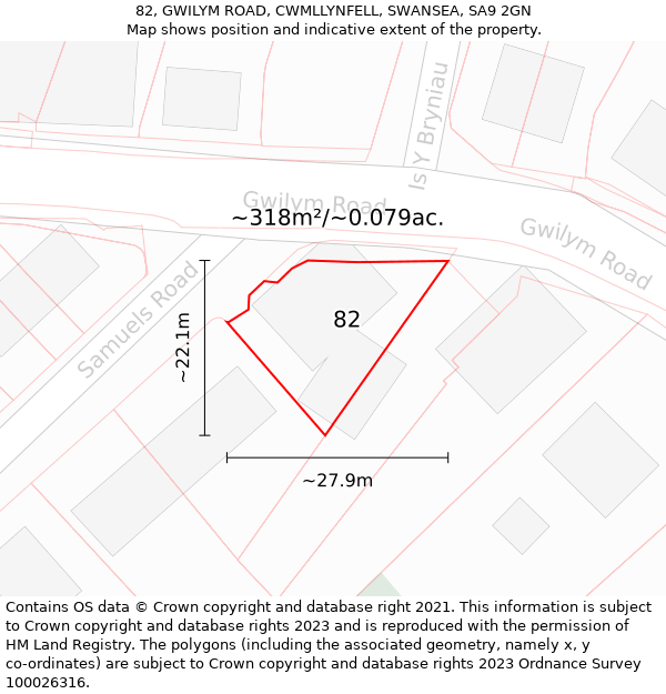 82, GWILYM ROAD, CWMLLYNFELL, SWANSEA, SA9 2GN: Plot and title map