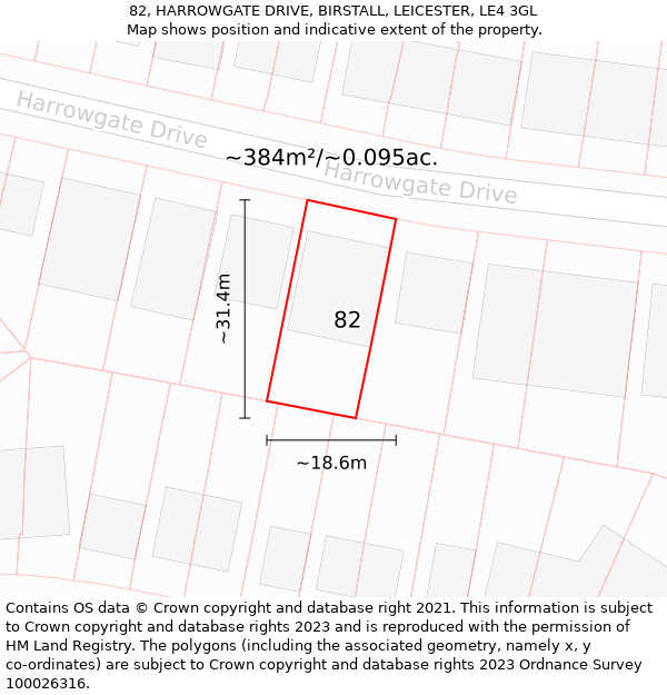 82, HARROWGATE DRIVE, BIRSTALL, LEICESTER, LE4 3GL: Plot and title map