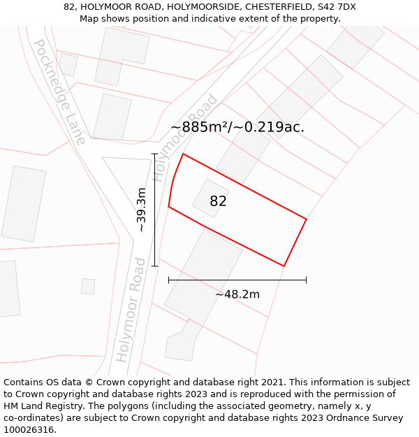 82, HOLYMOOR ROAD, HOLYMOORSIDE, CHESTERFIELD, S42 7DX: Plot and title map