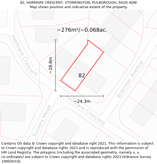 82, HORMARE CRESCENT, STORRINGTON, PULBOROUGH, RH20 4QW: Plot and title map