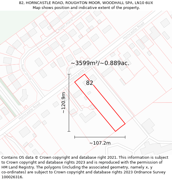 82, HORNCASTLE ROAD, ROUGHTON MOOR, WOODHALL SPA, LN10 6UX: Plot and title map