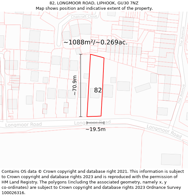 82, LONGMOOR ROAD, LIPHOOK, GU30 7NZ: Plot and title map