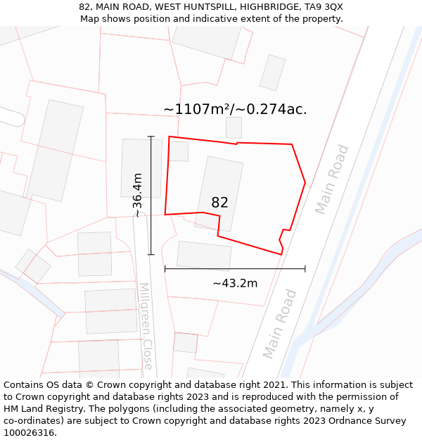 82, MAIN ROAD, WEST HUNTSPILL, HIGHBRIDGE, TA9 3QX: Plot and title map