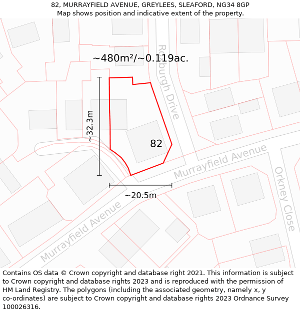 82, MURRAYFIELD AVENUE, GREYLEES, SLEAFORD, NG34 8GP: Plot and title map