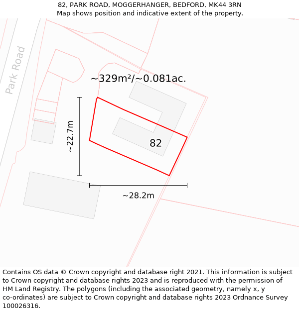 82, PARK ROAD, MOGGERHANGER, BEDFORD, MK44 3RN: Plot and title map