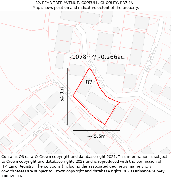 82, PEAR TREE AVENUE, COPPULL, CHORLEY, PR7 4NL: Plot and title map