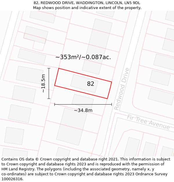 82, REDWOOD DRIVE, WADDINGTON, LINCOLN, LN5 9DL: Plot and title map