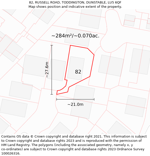 82, RUSSELL ROAD, TODDINGTON, DUNSTABLE, LU5 6QF: Plot and title map