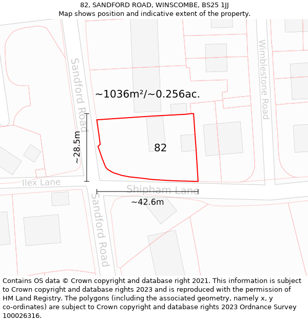 82, SANDFORD ROAD, WINSCOMBE, BS25 1JJ: Plot and title map