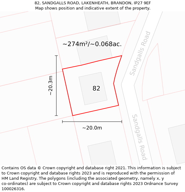 82, SANDGALLS ROAD, LAKENHEATH, BRANDON, IP27 9EF: Plot and title map