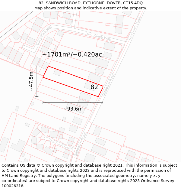 82, SANDWICH ROAD, EYTHORNE, DOVER, CT15 4DQ: Plot and title map