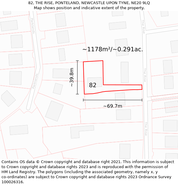 82, THE RISE, PONTELAND, NEWCASTLE UPON TYNE, NE20 9LQ: Plot and title map