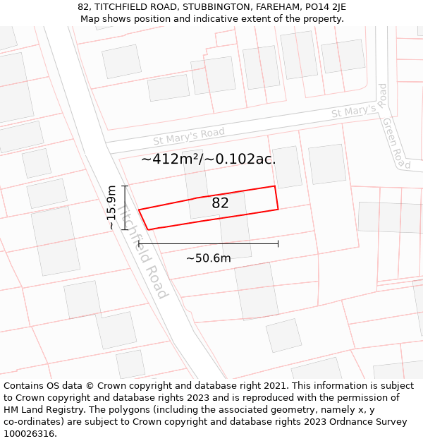 82, TITCHFIELD ROAD, STUBBINGTON, FAREHAM, PO14 2JE: Plot and title map