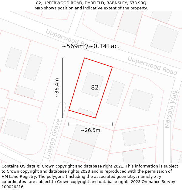 82, UPPERWOOD ROAD, DARFIELD, BARNSLEY, S73 9RQ: Plot and title map