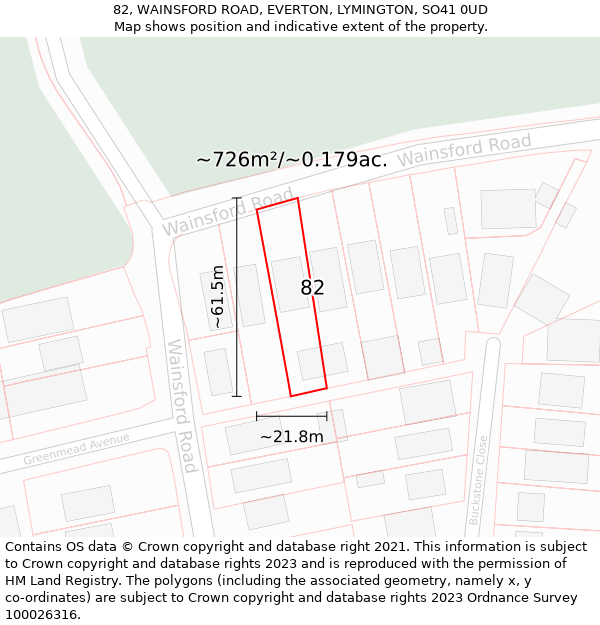 82, WAINSFORD ROAD, EVERTON, LYMINGTON, SO41 0UD: Plot and title map