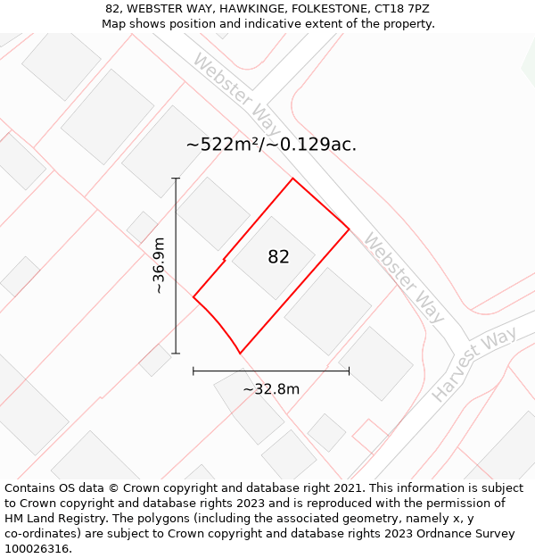 82, WEBSTER WAY, HAWKINGE, FOLKESTONE, CT18 7PZ: Plot and title map