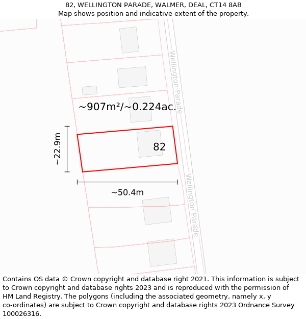 82, WELLINGTON PARADE, WALMER, DEAL, CT14 8AB: Plot and title map