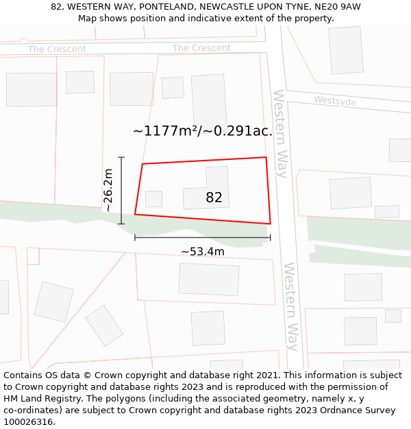 82, WESTERN WAY, PONTELAND, NEWCASTLE UPON TYNE, NE20 9AW: Plot and title map