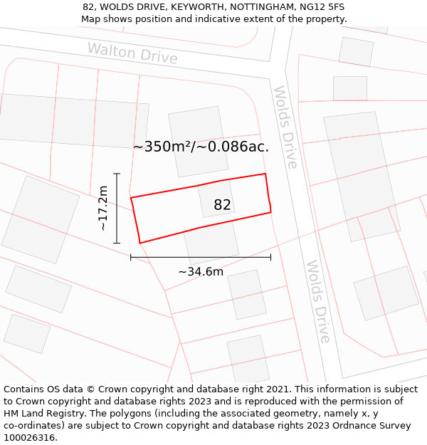 82, WOLDS DRIVE, KEYWORTH, NOTTINGHAM, NG12 5FS: Plot and title map