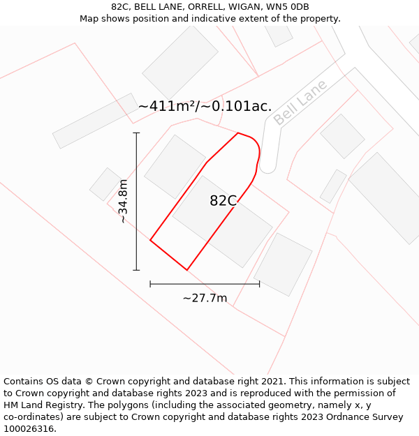 82C, BELL LANE, ORRELL, WIGAN, WN5 0DB: Plot and title map