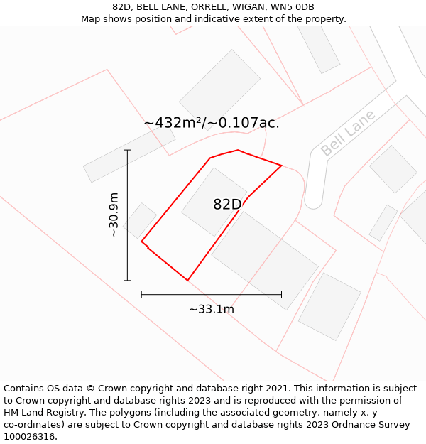 82D, BELL LANE, ORRELL, WIGAN, WN5 0DB: Plot and title map