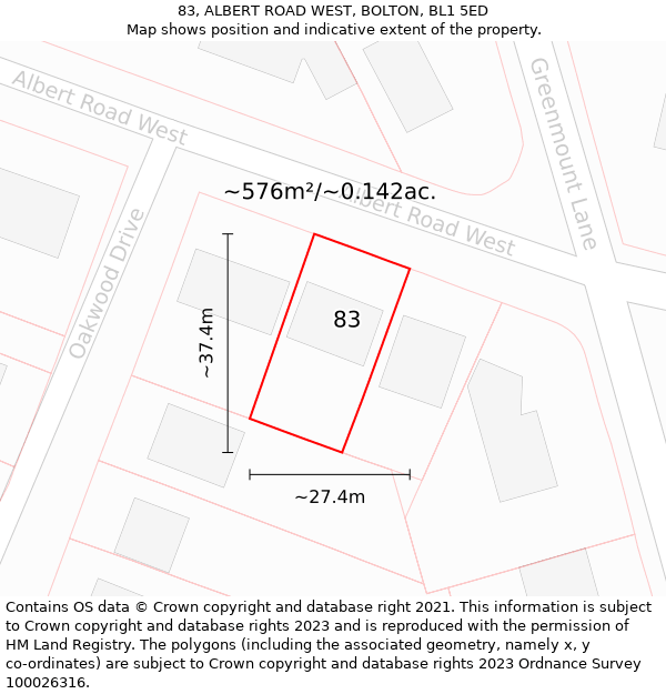 83, ALBERT ROAD WEST, BOLTON, BL1 5ED: Plot and title map