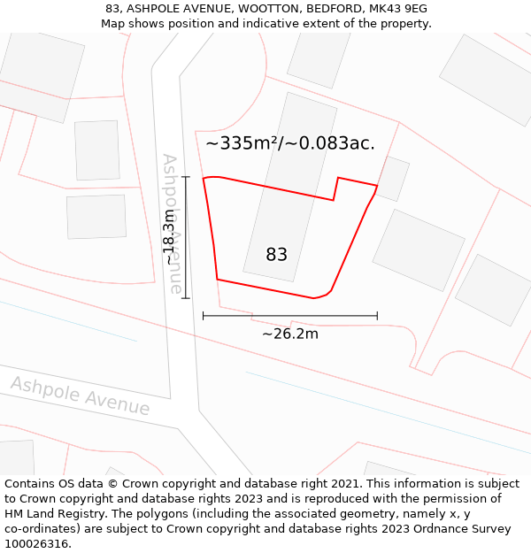 83, ASHPOLE AVENUE, WOOTTON, BEDFORD, MK43 9EG: Plot and title map