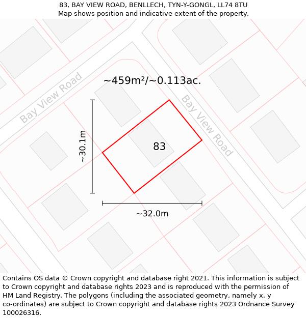 83, BAY VIEW ROAD, BENLLECH, TYN-Y-GONGL, LL74 8TU: Plot and title map