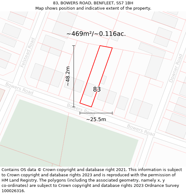 83, BOWERS ROAD, BENFLEET, SS7 1BH: Plot and title map