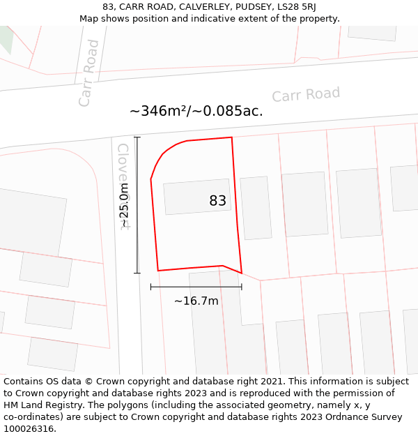 83, CARR ROAD, CALVERLEY, PUDSEY, LS28 5RJ: Plot and title map