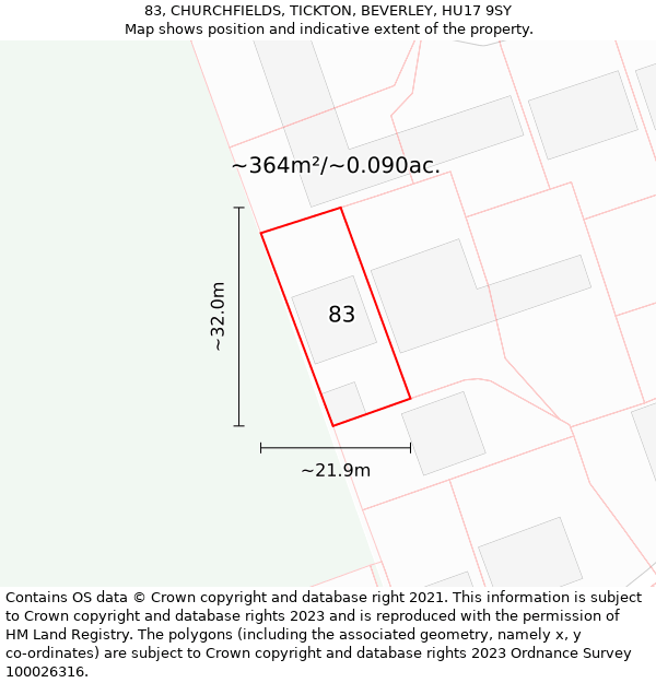 83, CHURCHFIELDS, TICKTON, BEVERLEY, HU17 9SY: Plot and title map