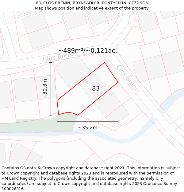 83, CLOS BRENIN, BRYNSADLER, PONTYCLUN, CF72 9GA: Plot and title map