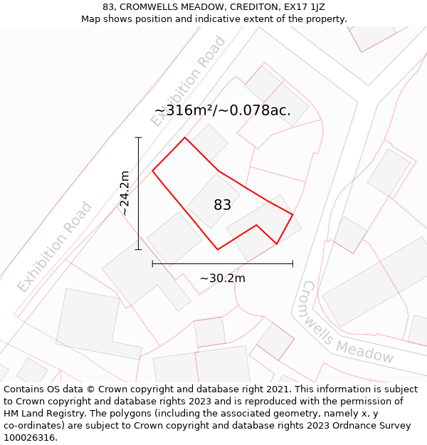 83, CROMWELLS MEADOW, CREDITON, EX17 1JZ: Plot and title map