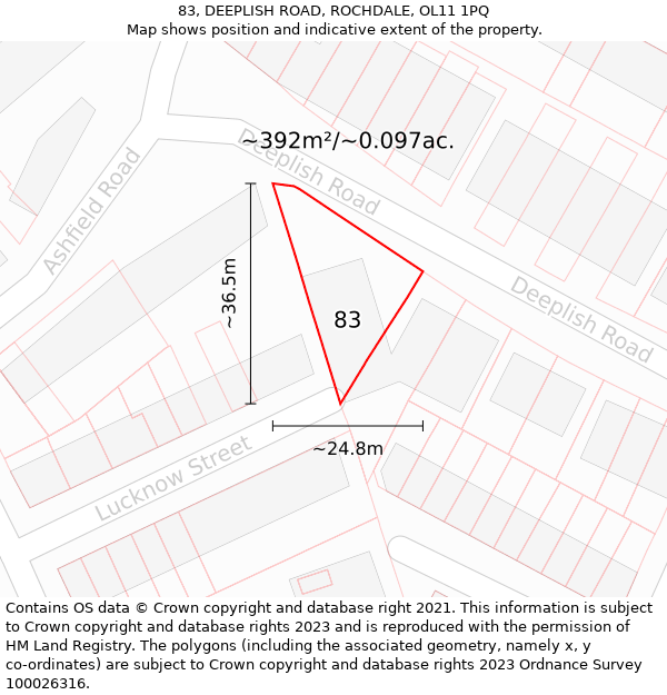 83, DEEPLISH ROAD, ROCHDALE, OL11 1PQ: Plot and title map