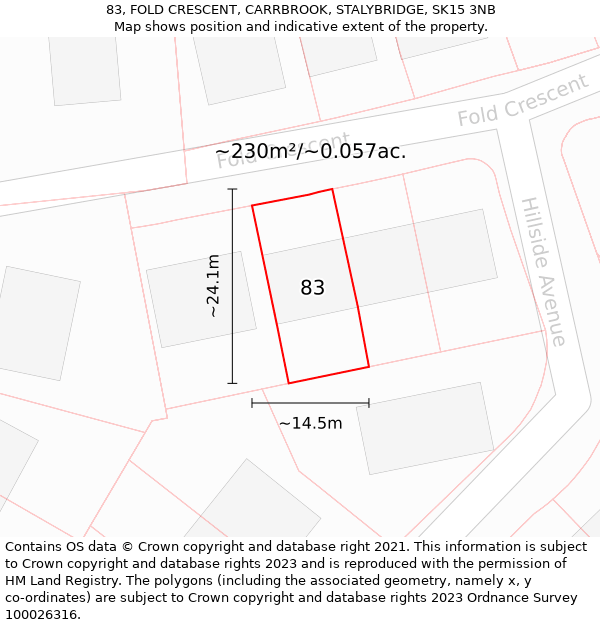 83, FOLD CRESCENT, CARRBROOK, STALYBRIDGE, SK15 3NB: Plot and title map