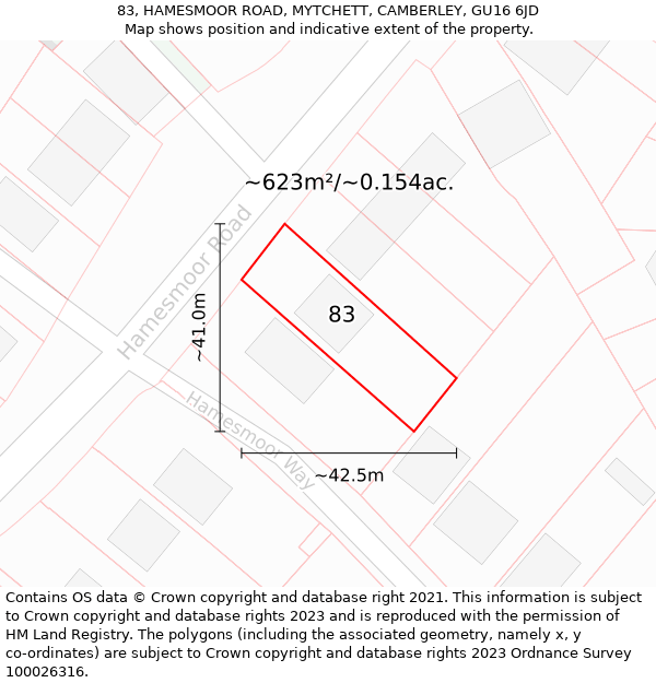 83, HAMESMOOR ROAD, MYTCHETT, CAMBERLEY, GU16 6JD: Plot and title map