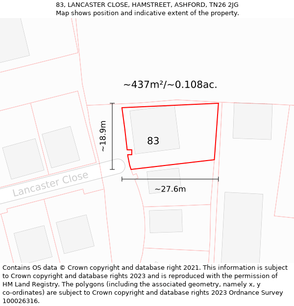 83, LANCASTER CLOSE, HAMSTREET, ASHFORD, TN26 2JG: Plot and title map