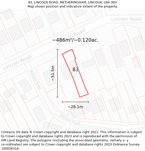 83, LINCOLN ROAD, METHERINGHAM, LINCOLN, LN4 3EH: Plot and title map