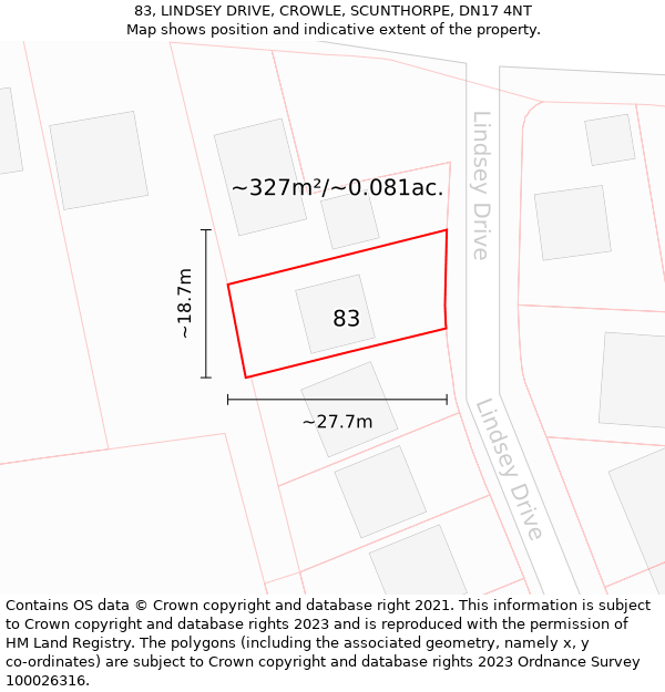 83, LINDSEY DRIVE, CROWLE, SCUNTHORPE, DN17 4NT: Plot and title map