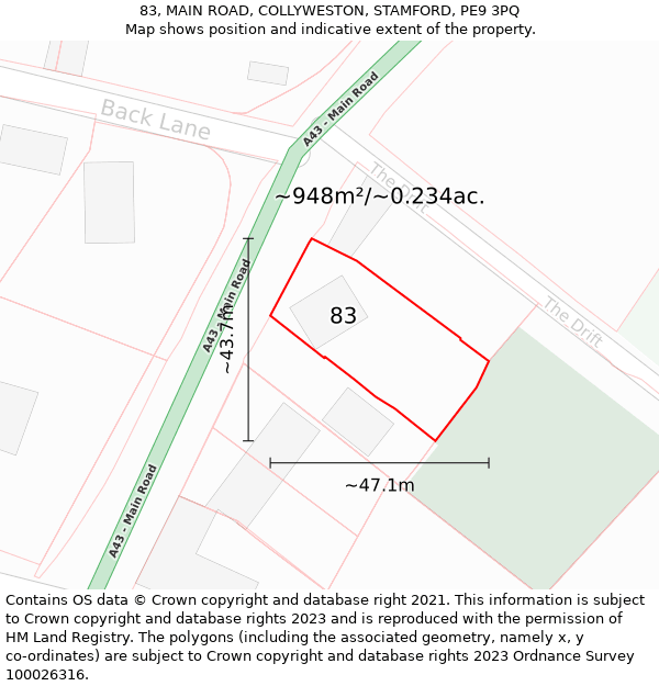 83, MAIN ROAD, COLLYWESTON, STAMFORD, PE9 3PQ: Plot and title map