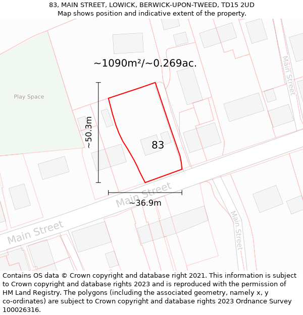 83, MAIN STREET, LOWICK, BERWICK-UPON-TWEED, TD15 2UD: Plot and title map