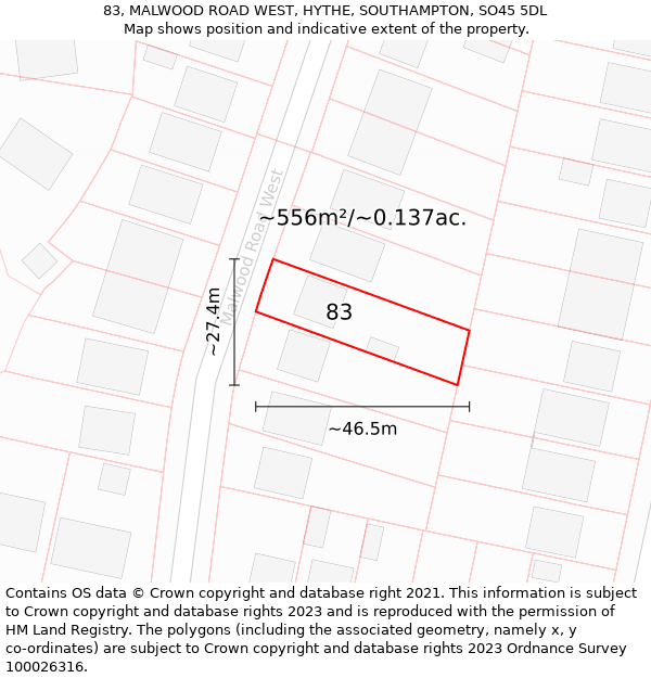 83, MALWOOD ROAD WEST, HYTHE, SOUTHAMPTON, SO45 5DL: Plot and title map