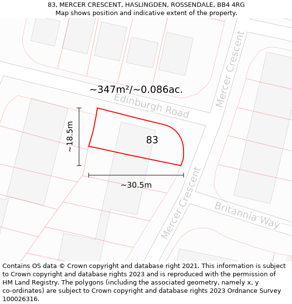 83, MERCER CRESCENT, HASLINGDEN, ROSSENDALE, BB4 4RG: Plot and title map