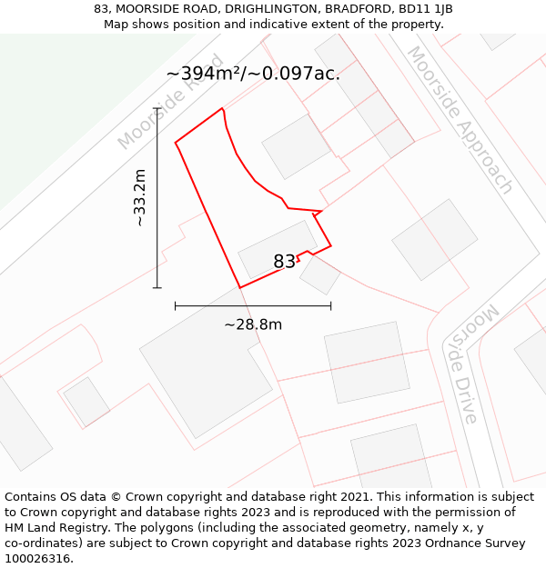 83, MOORSIDE ROAD, DRIGHLINGTON, BRADFORD, BD11 1JB: Plot and title map