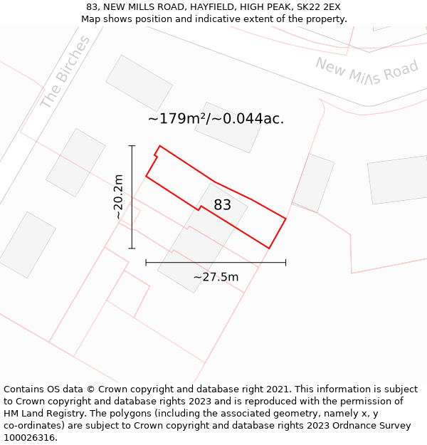 83, NEW MILLS ROAD, HAYFIELD, HIGH PEAK, SK22 2EX: Plot and title map