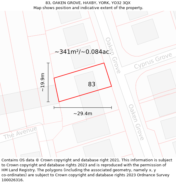 83, OAKEN GROVE, HAXBY, YORK, YO32 3QX: Plot and title map