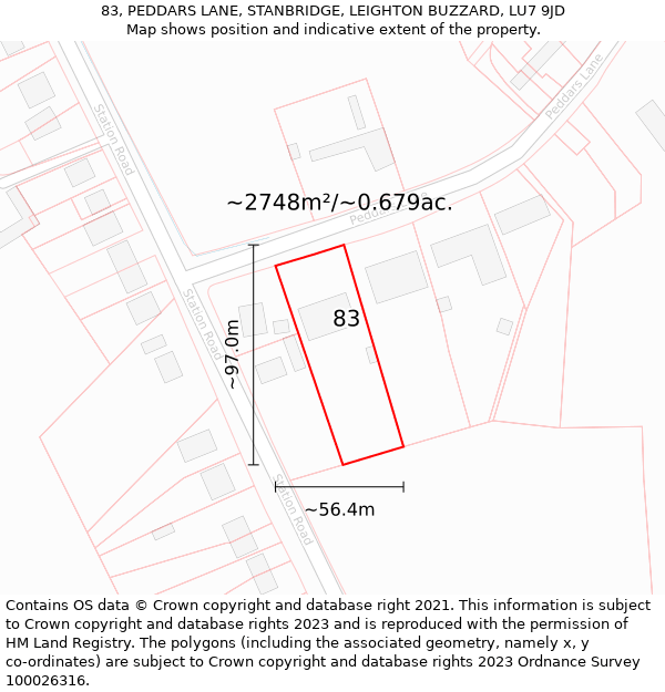 83, PEDDARS LANE, STANBRIDGE, LEIGHTON BUZZARD, LU7 9JD: Plot and title map