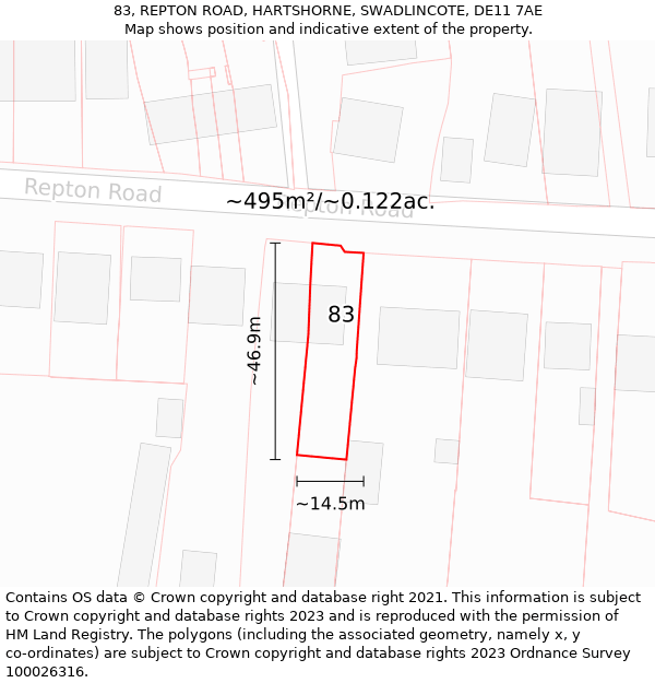 83, REPTON ROAD, HARTSHORNE, SWADLINCOTE, DE11 7AE: Plot and title map