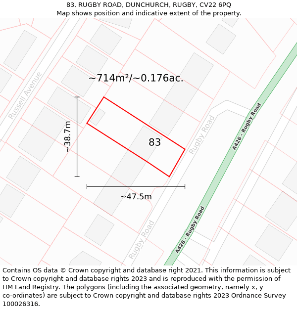 83, RUGBY ROAD, DUNCHURCH, RUGBY, CV22 6PQ: Plot and title map