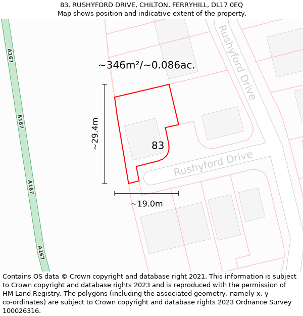 83, RUSHYFORD DRIVE, CHILTON, FERRYHILL, DL17 0EQ: Plot and title map